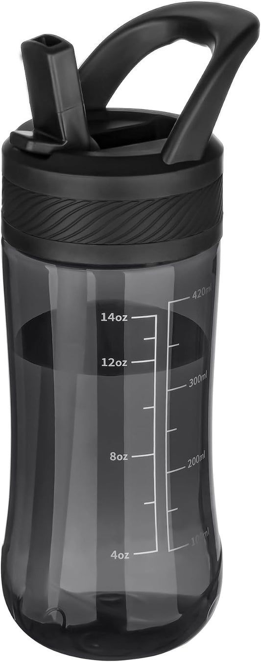 14oz Clear Kids Water Bottle with Straw Lid, BPA-Free Tritan, Measurement Scale, Sturdy Handle Wide Mouth Leak-proof Reusable Plastic Bottle for Boy& Girls, Back to School(Black)