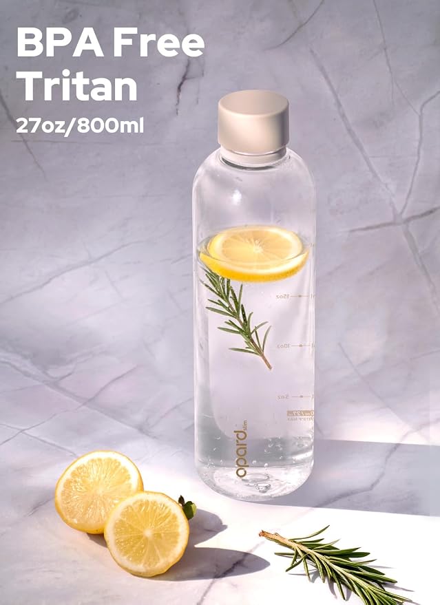Opard Slim Water Bottle 27oz, Dishwasher Safe Plastic Water Bottle BPA-Free, Leakproof Screw Top, Clear Cream, Reusable for Travel School Sport Gym Hiking
