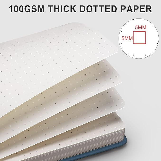 AHGXG Dotted Journal - 320 Numbered Pages Dot Grid Notebook A5 Thick Journal, 100gsm Thick Dotted Paper, Leather Hardcover,Inner Pocket, 5.75'' × 8.38'', Gray Blue