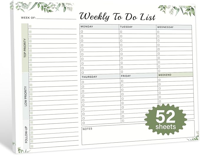 Weekly To Do List Notepad - 52 Undated Glue Bound Tear-Off Sheets (8.5"x11") for Desk Planning | Home, Work & School Organization Pad for Women & Men (Green)