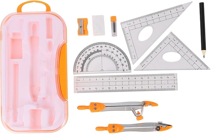 SHINEOFI Metal Drawing Compasses Set with Geometry Ruler and Protractor, 10pcs Math Geometry Kit for Students, Metal Construction with Random Color, Suitable for School Exams and Drafting