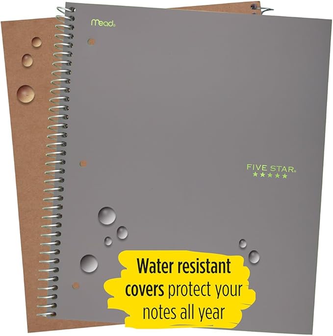 Five Star Spiral Notebook, 5 Subject, College Ruled Paper, 200 Sheets, 11" x 8-1/2", Gray (73637)