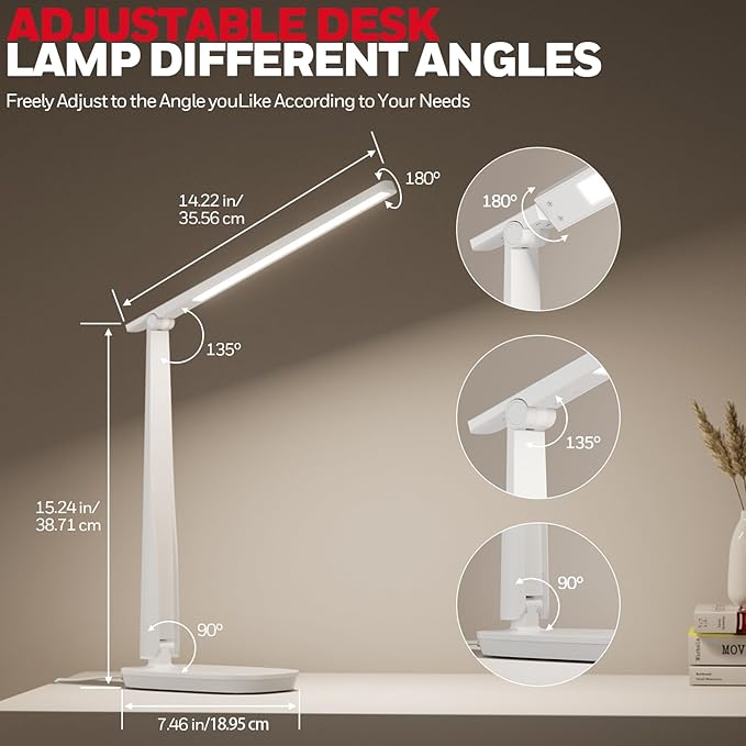 Honeywell LED Desk Lamp for Home Office, Eye-Caring Dimmable Reading Light with 4 Color Modes, Touch Control, USB-A & USB-C Charging Ports, Adjustable Head, Timer for Bedroom & Small Desks