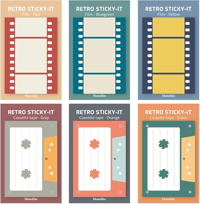 Monolike Retro Cassette Tape + Film Sticky-It 6p Set - Self-Adhesive Memo Pad 50 Sheets, Daily Sticky, Diary, Memo