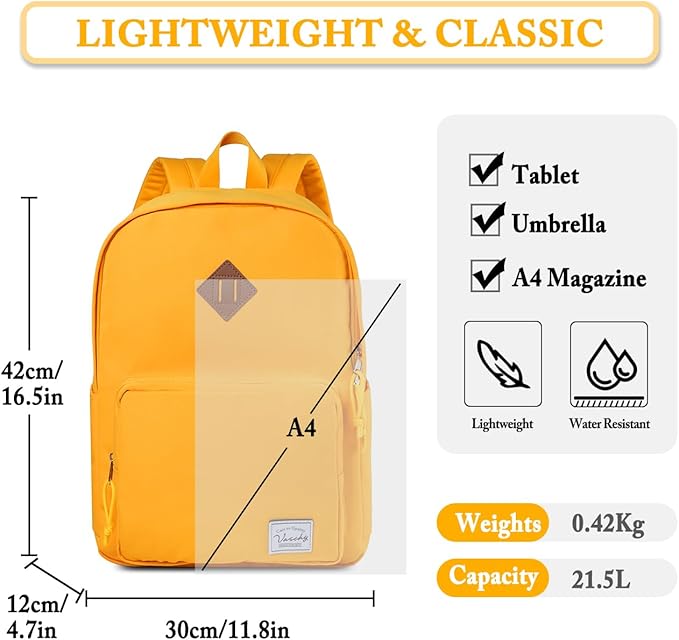 VASCHY School Backpack, Ultra Lightweight Backpack for Women Bookbag for Kids Teen Boys Girls Yellow