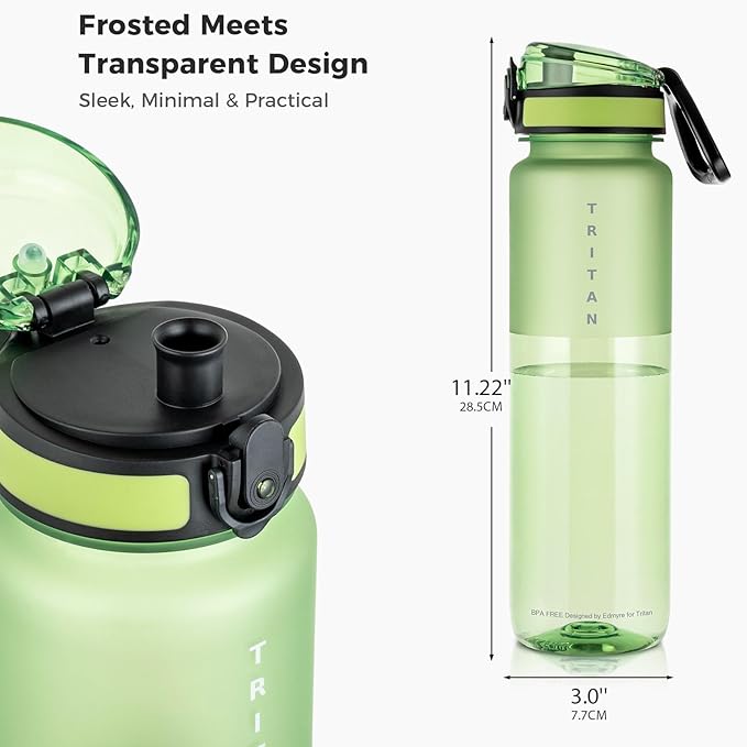 32oz Water Bottle with Chug Lid, Frosted & Clear Tritan BPA-Free, Leakproof, Wide Mouth, Portable Sports Water Bottle for Gym, Office, Travel, Outdoor (Green)