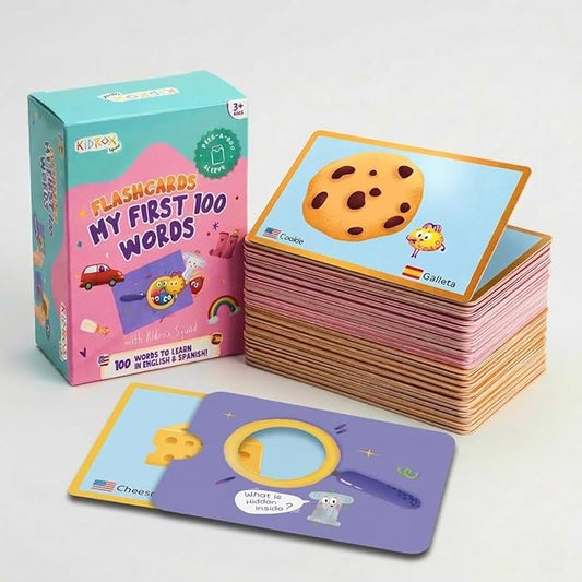 Kidrox 100 First Words Flash Cards for Toddlers, English with Spanish Learning Cards, Preschool Vocabulary & Speech Development Toy with Peek-a-Boo Sleeve for Memory Enhancement & Pattern Recognition