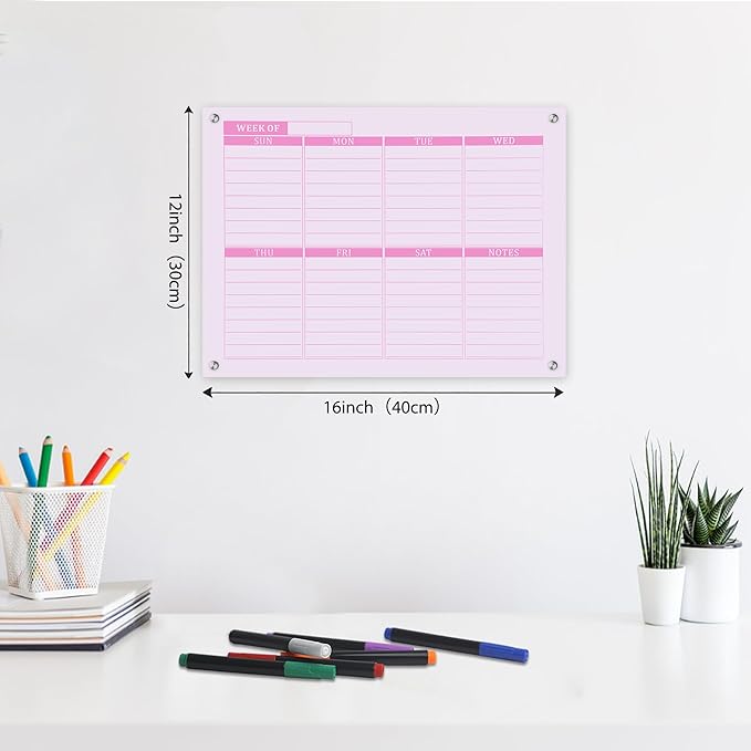 Thickened Acrylic Weekly Dry Erase Board Calendar Planner Whiteboard for Wall,16''x12''-Small,Pink Weekly Planner Whiteboard Schedule Management,6 Markers,1 Wipes,for Home Office-PGZL3040