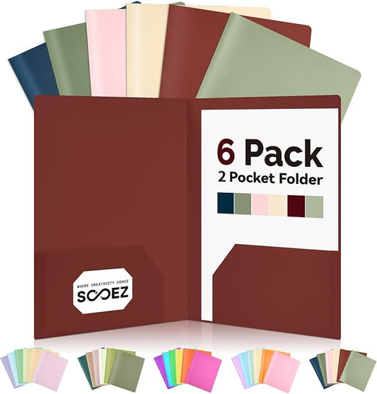 Sooez 6Pack Folders with Pockets, Pocket Folders with Extra Labels, Plastic Folders with Pockets, 2 Pocket Folders Bulk, Heavy Duty File Folders, School Folders Business Folder Office Filing Supplies