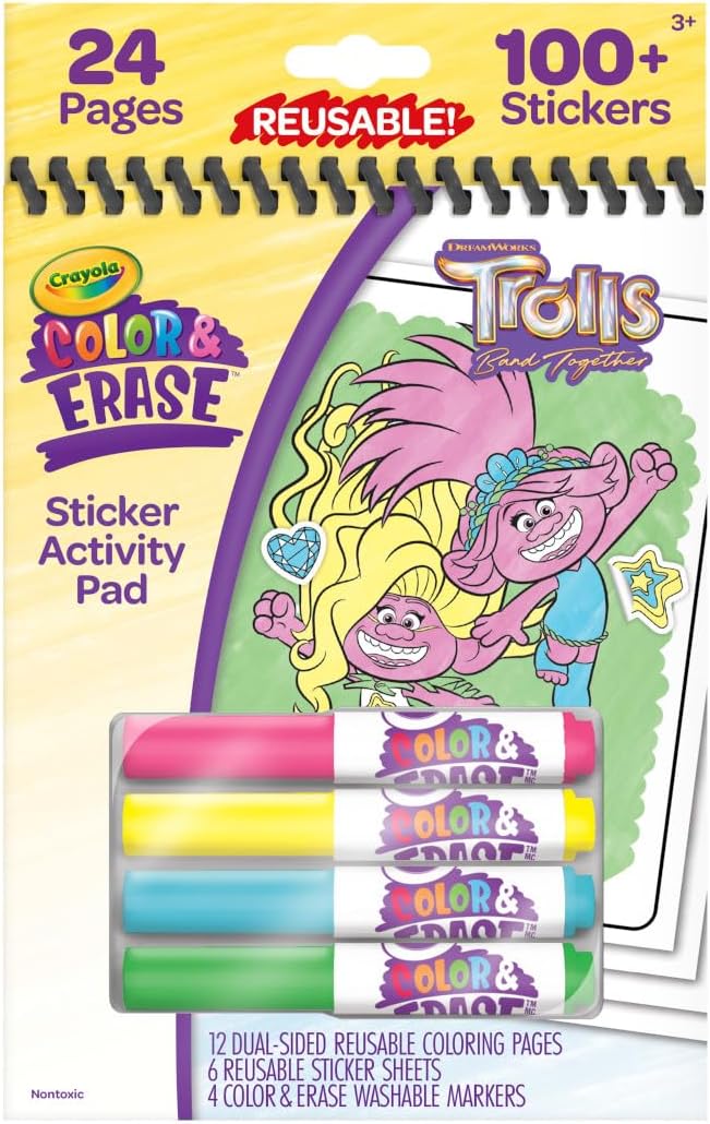 Crayola Trolls Color & Erase Sticker Activity Pad, 12 Reusable Trolls Coloring Pages & 100 Stickers, Gift
