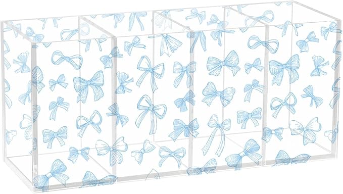 Aslsiy Coquette Blue Ribbon Bow Pen Holder Watercolor 4 Compartments Acrylic Pencil Holder Clear Makeup Brush Holder Desk Organizer Office Supplies