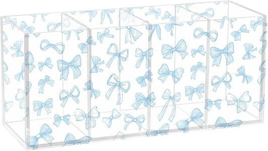 Aslsiy Coquette Blue Ribbon Bow Pen Holder Watercolor 4 Compartments Acrylic Pencil Holder Clear Makeup Brush Holder Desk Organizer Office Supplies