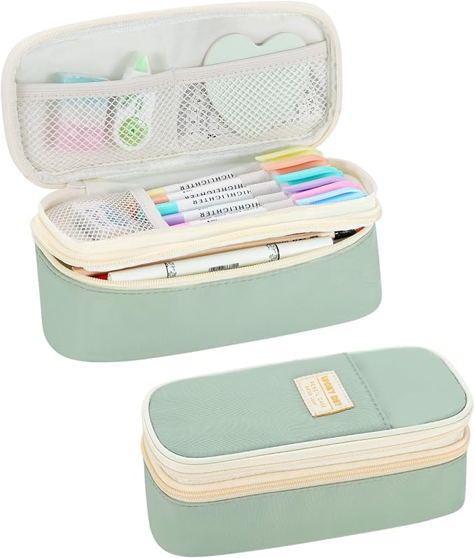 Large Pencil Bag for Girls Teens Kids School Pencil Case Organizer Green | Zipper Pencil Pouch Big Cute Stationery Aesthetic Pencil Box for School Office, Wear-resistant Fabric, Large Capacity Design