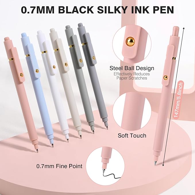 Gel Pens, 6 Pack 0.7mm Fine Point Black Ink Pens with 6 Refills, Quick Dry & No Smear, Smooth Writing Pens for Journaling, School, Office Supplies, Gifts for Women and Men