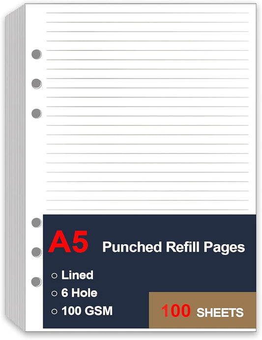 A5 Lined Paper Refill, 6 Hole Notebook Refills Paper for 6 Ring Refillable Binder, A5 Filler Paper, Loose Leaf Paper for Filofax Planner Refills, Organizer, 100 Sheets/200 Pages, 5.8 x 8.2 Inch
