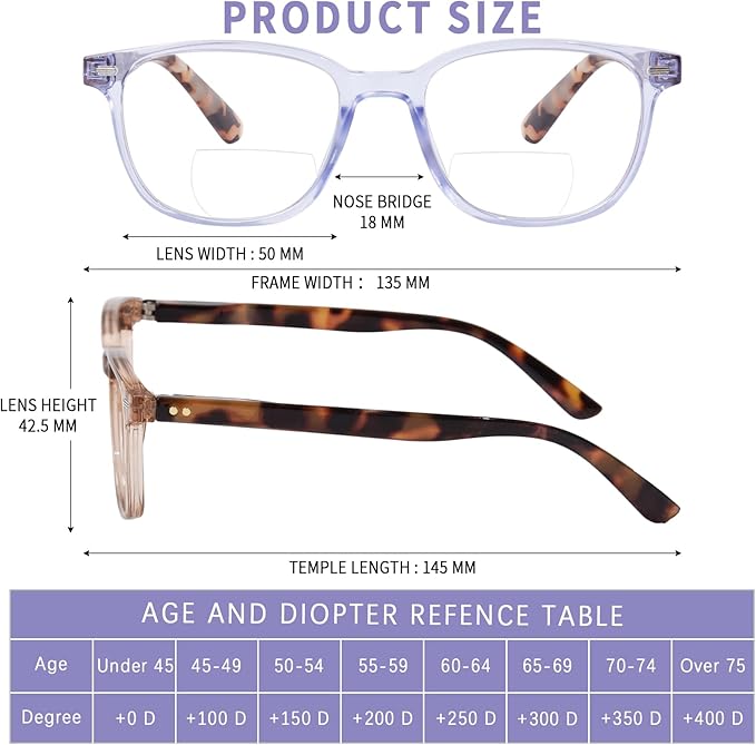 Bifocal Reading Glasses for Women, Blue Light Blocking Computer Readers with Spring Hinges, Retro Square Frame