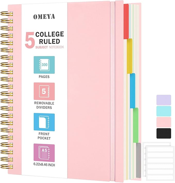 5 Subject Notebooks College Ruled, Spiral Lined Notebook with Removable Dividers, 300 Pages 100GSM Thick Spiral Writing Journal for Women & Men, Large A5 Notebooks for Work, School Supplies, 6" x 8"
