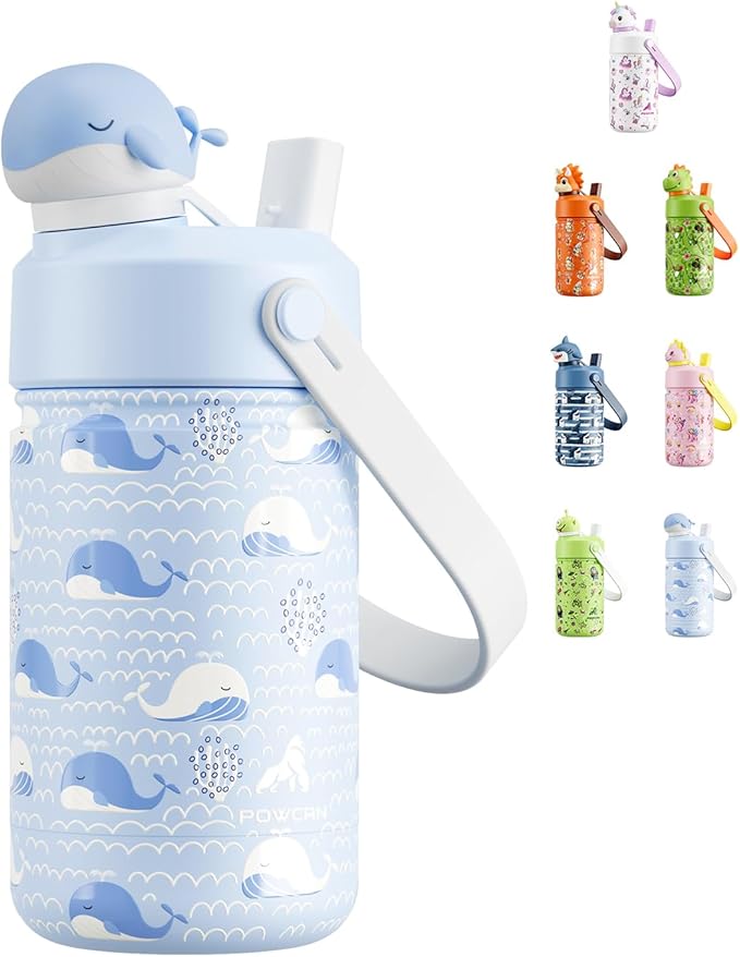 POWCAN 12 oz Kids Water Bottle for School: 2-in-1 Straw Spout Lid with Soft Animal Head, Leakproof, Backpack Friendly, Keep Cold 24H, Insulated cup for Sports, Playground, Holiday Gift (Whale Splash)