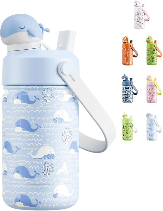 POWCAN 12 oz Kids Water Bottle for School: 2-in-1 Straw Spout Lid with Soft Animal Head, Leakproof, Backpack Friendly, Keep Cold 24H, Insulated cup for Sports, Playground, Holiday Gift (Whale Splash)