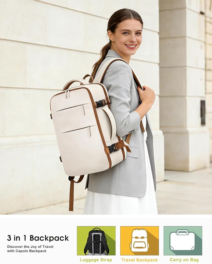 Capolo Travel Backpack for Women Men Waterproof Laptop Backpack Airlines Approved Carry On Backpack Bag Computer Bookbag for Business, Work, Traveling Fits 17 Inch Laptop(Beige &Brown Zipper)