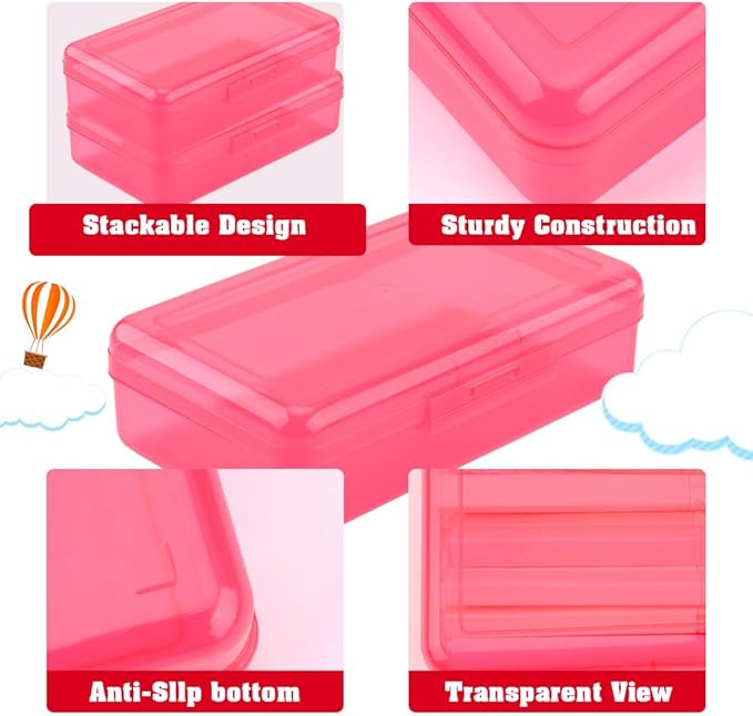 Pencil Box, Plastic Clear Pencil Case, 1 Pack Large Capacity Hard Pencil Case, Clear Crayon Box with Snap-tight Lid Stackable Design, Plastic Storage Box for Office Supplies, Pink Style 2