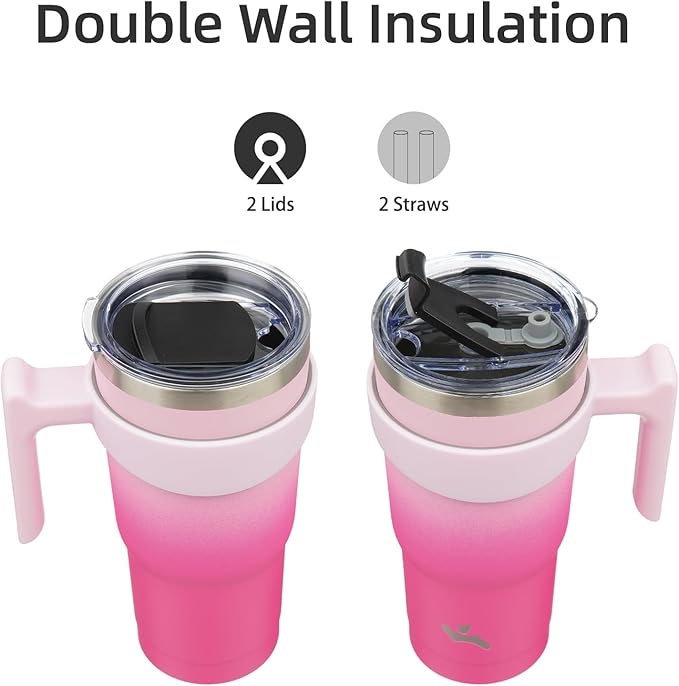 Konokyo 20 oz Tumbler with Handle and 2 Straw 2 Lid, Insulated Water Bottle Stainless Steel Vacuum Cup Reusable Travel Mug, Cherry