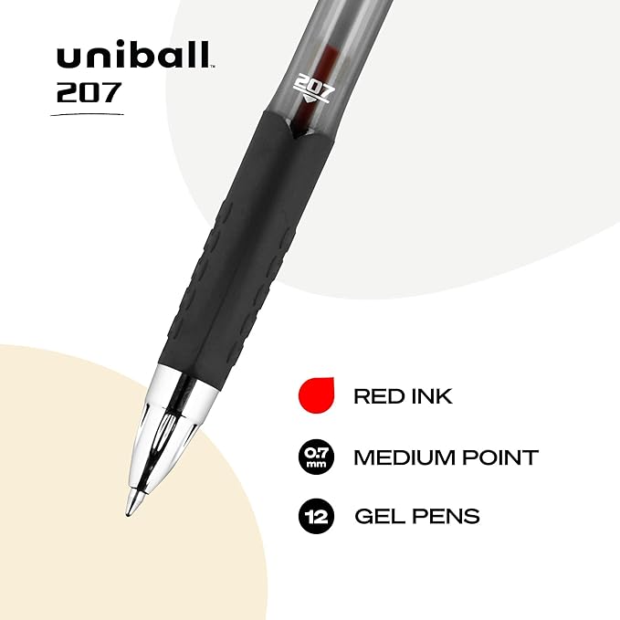 uni-ball® 207™ Retractable Fraud Prevention Gel Pens, Medium Point, 0.7 mm, Black Barrels, Red Ink, Pack of 12
