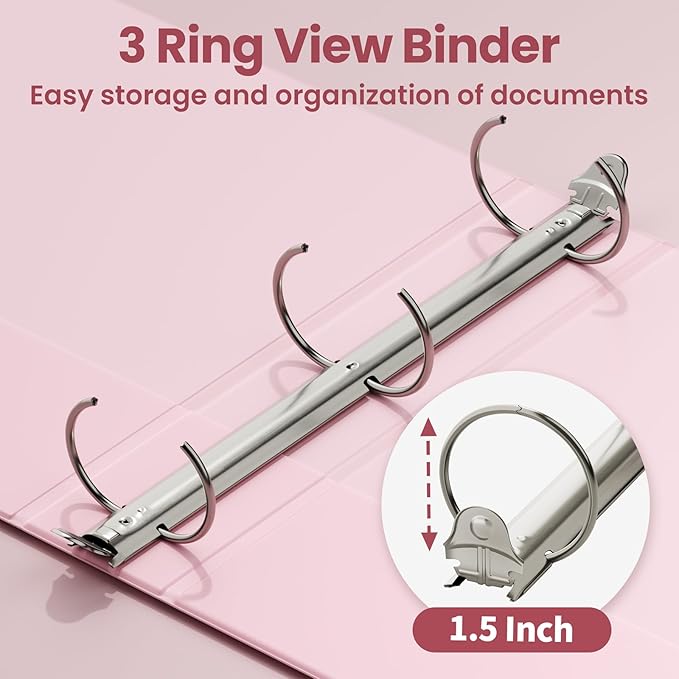 SUNEE 3 Ring Binder 1.5 Inch 2 Pack, Clear View Binder Three Ring PVC-Free (Fit 8.5x11 Inches) for School or Office Supplies, Pink
