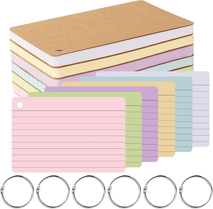 zmybcpack 6 Pack Lined Index Cards 4 x 6 Inches, 360 PCS Colored Ruled Index Flashcards Lined Flash Cards with Rings, Note Cards Punched for Study, Office and Home