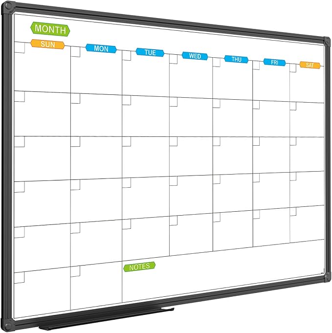 JILoffice Dry Erase Calendar Whiteboard - Magnetic White Board Monthly 36 x 24 Inch, Black Aluminum Frame Wall Mounted for Office Home and School