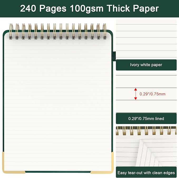 Mousbull A4 Top Spiral Notebook, Large Leather Hardcover Top Bound Steno Pads, 240 Pages 100 gsm Thick Lined Paper Left Handed Notebook Journal for Work, School, Meeting Writing - Green, 8.5" x 11"