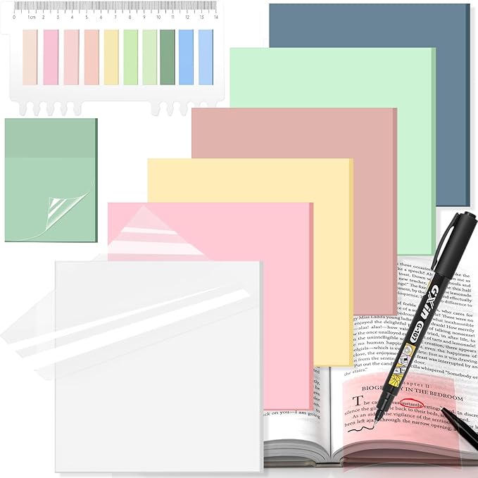 Transparent Sticky Notes 3x3 (with Sticky Tabs & Marker Pen), MEIGAONE 9 Pack Clear Sticky NoteSuper Strong Adhesion, Waterproof Translucent Sticky Note for Study, Book,Office,School Supplies