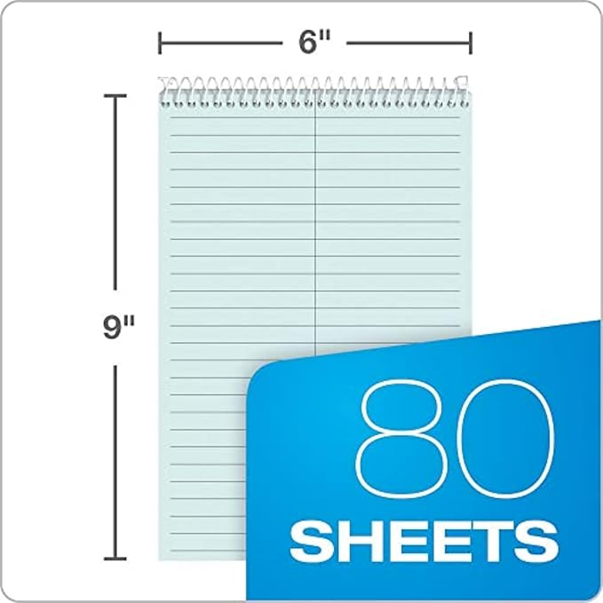 Tops Prism Steno Pads, Gregg Ruled, 6" x 9" Shorthand Writing Pad, Blue Paper, Spiral Bound Notepad, Perforated Pages, 80 Sheets, 4 Pack (80284)
