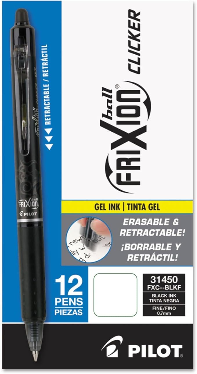 Pilot, FriXion Clicker Erasable Gel Pens, Fine Point Pens 0.7 mm, Pack of 12, Black