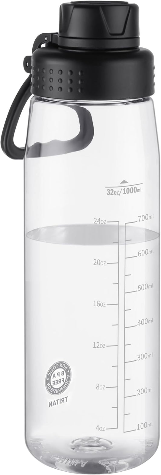 32oz Clear Water Bottle - BPA-Free Tritan Plastic, Fast Flow Spout Lid, Wide Mouth & Leakproof Design Hiking Water Bottle Suitable for Travel, Outdoors, Gym, Travel, Home, School(Clear-Black)