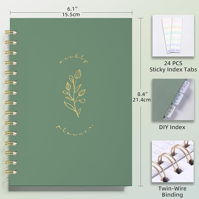Undated Weekly and Monthly Planner Spiral Bound- Weekly Goals Notebook, To Do List, Habit Tracker Journal, Academic, Aesthetic, Stylish School or Office Supplies(6.1" x 8.4" - Green)