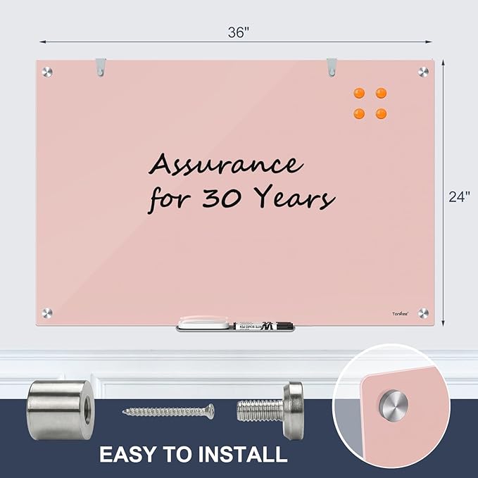 Glass Whiteboard, 36x24 Inches Magnetic Glass Dry Erase Board, Pink White Board for Wall Office School Classroom Home, 3x2 Feet Large White Board Wall Mounted