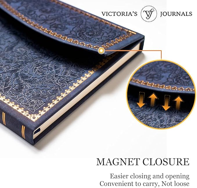 VICTORIA'S JOURNALS Magnet Journal, Carving Vintage Notebook Faux Leather Hard Cover Personal Diary Lined Pages Ribbon Bookmark, 8'' x 5.7''