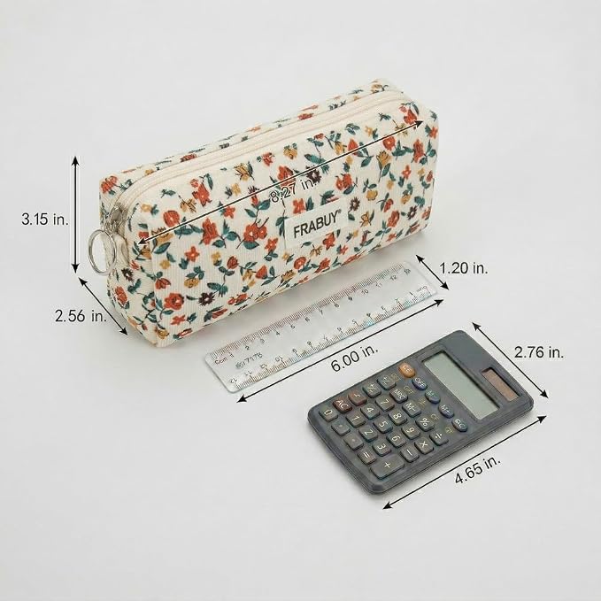 Soft Corduroy Pencil Case Pen Pouch Organizer, Small Stationery Bag | Off-white small floralpencil pouch, smooth zipper, daily cosmetics holder, compact organizer for school teen girls, women