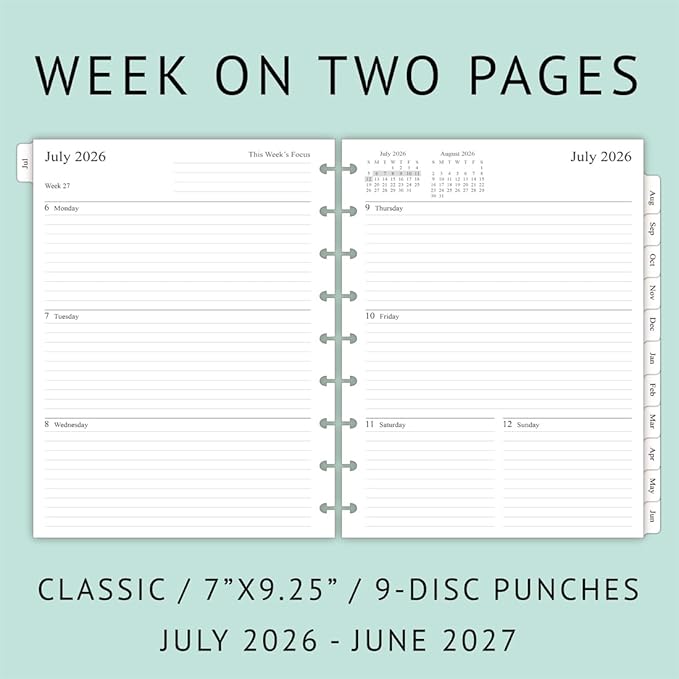 2026-2027 Planner Refills for Happy Planner Classic Notebook, Weekly & Monthly, Jul 2026 - Jun 2027, 7" x 9-1/4", 9-Disc Pre-punched