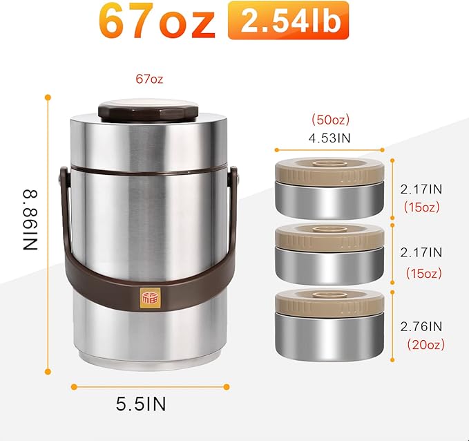 Pawovdeq 67 oz Adults Stainless Steel Vacuum Insulated Wide Mouth Soup Food Thermo Hot Food Jar with Keep Thermal Portable 3 Tier Stackable Bento Hot Food Containers Lunch Boxes (67 oz Silver)