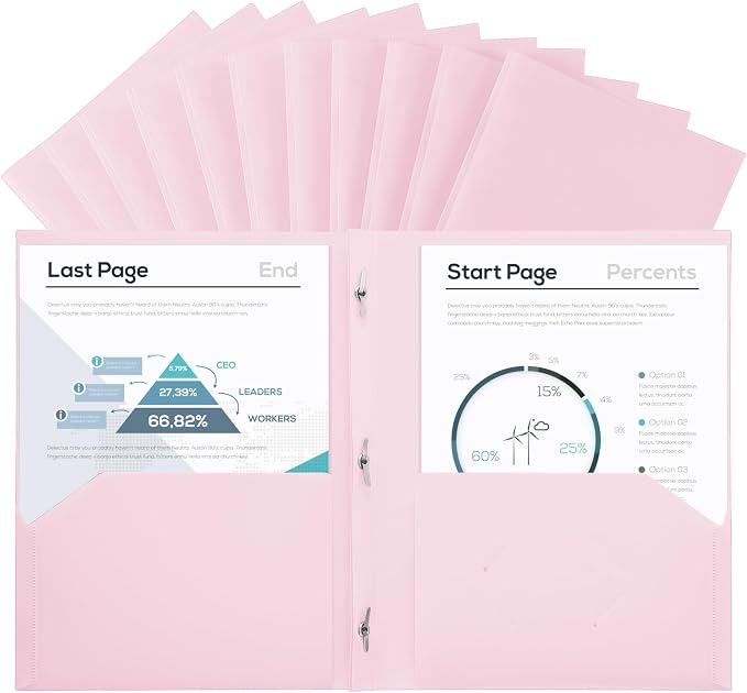 SUIN Plastic Project-Folder with 2 Pockets and 3-Prong Fasteners, for US Letter Size, Bulk Pack Color File-Folder for US Letter Size Papers, Ideal for School & Office, (Pastel Pink)
