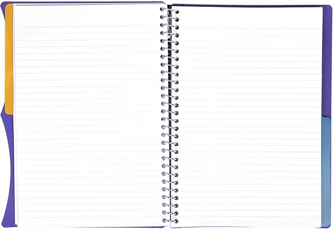 Mintra Office Durable PREMIUM Spiral Notebook, ((Purple, 2 Subject (6in x 9.5in)), Wire, Fabric Covered Coils, No Snags, Removable Adjustable Pocket Dividers, Ruler, Organization, Customizable