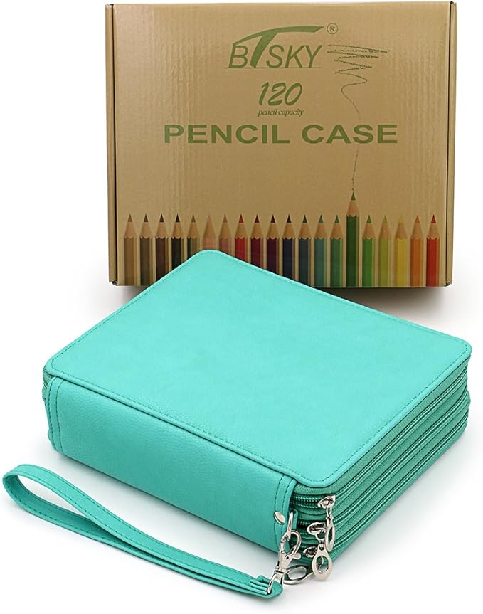 BTSKY Deluxe PU Leather Pencil Case For Colored Pencils - 120 Slot Pencil Holder with Handle Strap Handy Colored Pencil Box Large(Green)