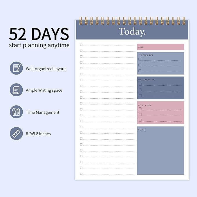 KMQOY To Do List Notepad - Daily Planner Pad Undated 52 Sheets Spiral Today Planner Note Pad Premium Thick Paper 6.5" x 9.8" For Work and Personal Organized
