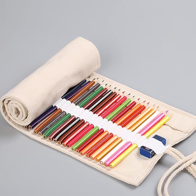 DIYOMR 24/36/72 Slots Pencil Wrap Pencil Rolls, Artist Colored Pencils Roll Up Bag Short Brushes Pouch Case Pencils Organizer for Drawing Coloring and Sketching (White, 36slots)