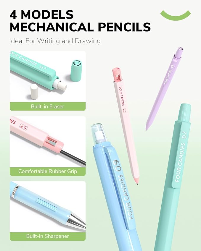 Four Candies 36PCS Mechanical Pencil Set with 624 Lead Refills(Light Green) | 0.5mm, 0.7mm, 0.9mm & 2.0mm Mechanical Pencils, Aesthetic School Supplies for Writing, Drawing, Drafting and Note-Taking
