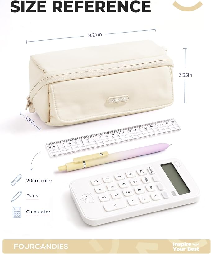 Four Candies Large Pencil Case, 5 Compartments Canvas Pen Organize | Big Capacity Pencil Pouch Bag for School Supplies, Portable Stationery Holder for Teen Girls Boy Men Women(White Plus)