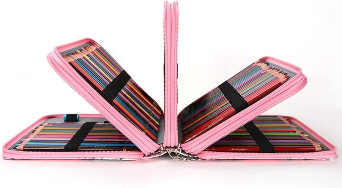 Vomgomfom 200 Slots Pencil Bag, 4-Layer Zipper Portable Art Supply Organizer, PU Leather Large Capacity Colored Pencil Case with Handle for 200 Watercolor Pens, Gel Pens (Pink Rose)