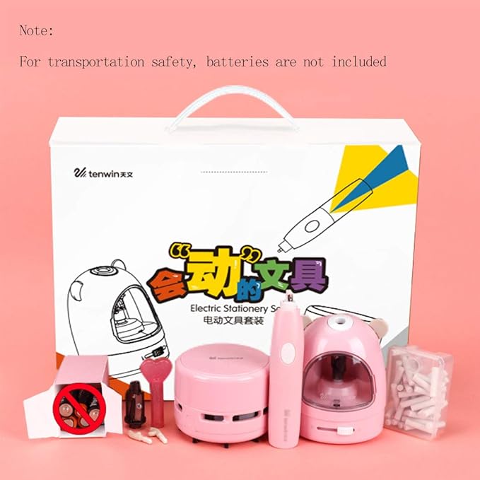 Electric Pencil Sharpener Stationery Set Gift Box Desktop Vacuum Cleaner Electric Eraser with Replacement Blade, Eraser, Battery Operated Automatic Sharpener, Pink